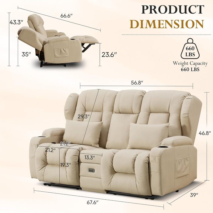 Двомісний диван з функцією сну, крісло-рекордер для телевізора з функцією відкидання спинки, сидіння для домашнього кінотеатру з консоллю, підсклянник, шухляда, розетка, бежевий