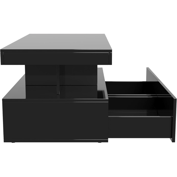 Глянцевий журнальний столик зі світлодіодним освітленням, сучасний журнальний столик для вітальні, чорний журнальний столик з відкритою полицею та 2 шухлядами, прямокутний журнальний столик для вітальні, 104x53x46 см