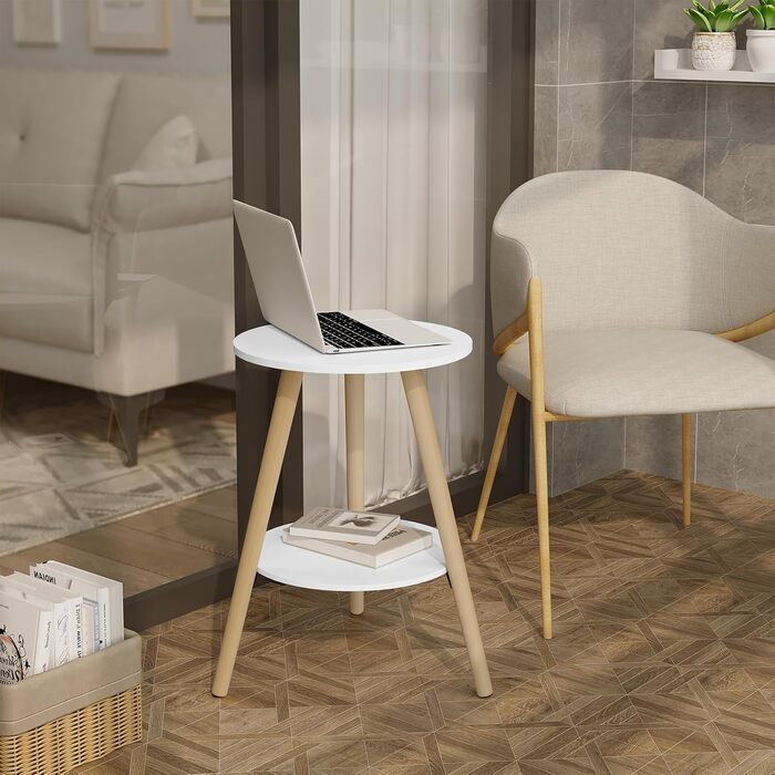 Круглий журнальний столик EUGAD, журнальний столик з 2 полицями, столик для вітальні, тумбочка, сучасний білий колір, маленький столик з місцем для зберігання, столик-диван, виготовлений з МДФ дерева, для вітальні та спальні, 38x55x38 см