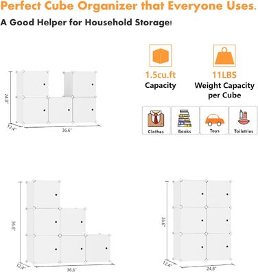 Кубоподібний модуль для зберігання з дверцятами, 6 кубічних полиць, гардеробна шафа, модульна пластикова полиця, ідеально підходить для спальні, 93,5 см Д x 31,8 см Ш x 93,5 см В, молочно-білий, USHS3006M-DOOR