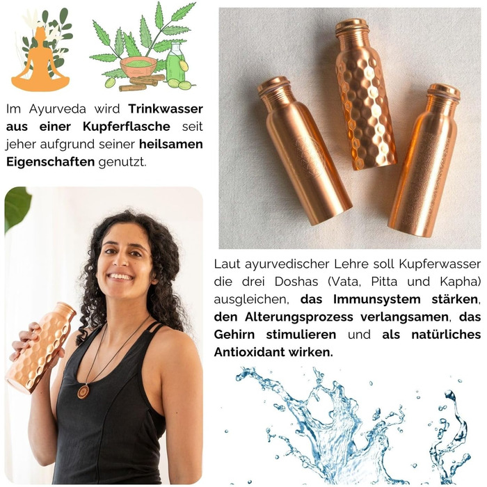 Мідна пляшка Bodhi Аюрведична пляшка для води з чистої міді Пляшка з дизайнерським оздобленням Об&39єм 800 мл Пляшка для води з кришкою-гвинтом та силіконовою пломбою Діамантовий дизайн, кований