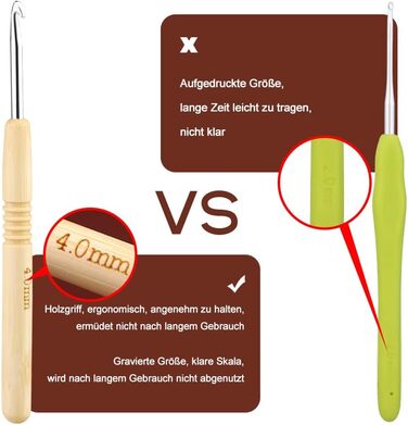 Гачок для вязання 4 мм, ергономічна рукоятка для рук, хворих на артрит, надзвичайно легкі спиці для вязання з деревяною ручкою для початківців та пряжа для вязання (4 мм)