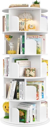 Рівнева обертова книжкова полиця, дерев&39яна обертова книжкова полиця-вежа, кругла книжкова полиця, що обертається на 360 градусів, кутовий органайзер для невеликих приміщень, спальня, офіс, білий, 5-