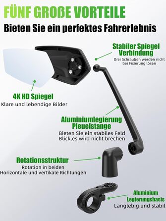 Велосипедне дзеркало RBRL Регульоване 3D для панорамного огляду Поворотне на 360 та складне Ударостійке дзеркало заднього виду з натурального скла Міцне компактне дзеркало на кермо для велосипедів та електровелосипедів (ліве)