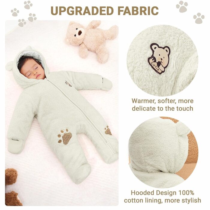 Зимові комбінезони JiAmy Baby Snowsuits з капюшоном, флісові комбінезони для дівчаток та хлопчиків - Теплі речі - Розмір 3-6 місяців (66 см), Білі ()