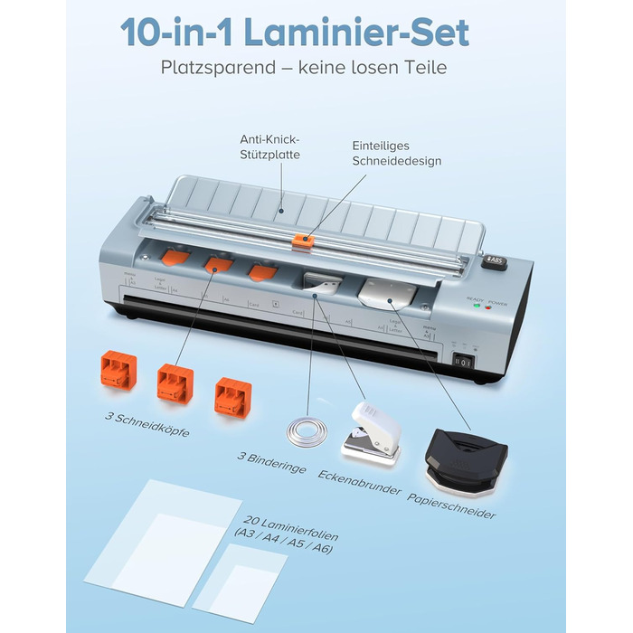 Дюймовий ламінатор A3/A4 з 20 пакетами для ламінування, гарячий та холодний ламінатор, ABS-пластик із захистом від застрягання, 10-в-1 ламінатор з різаком, тримером та закруглювачем кутів для офісу, школи та дому (синій), 13-