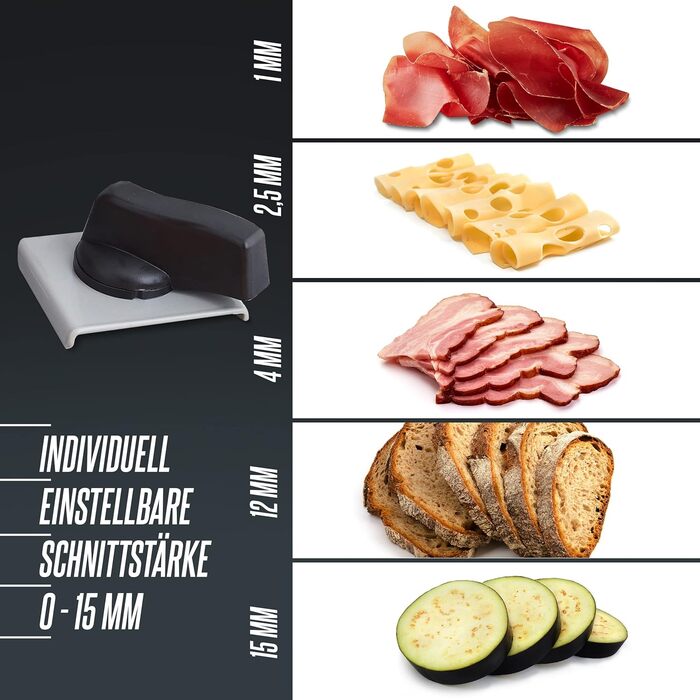 Металева харчова нарізка HEINRICHS, електрична хліборізка, нарізка ковбаси, круглий ніж з нержавіючої сталі (Ø19см), плавне регулювання товщини різання, інтегр. Запобіжний замок, 200 Вт Heinrich