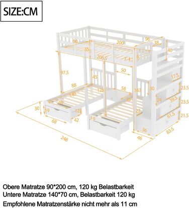 Двоярусне ліжко Billg 200x90 см для 3 дітей, дитяче ліжко із захистом від падіння, ліжко-горище з висувними ящиками, тумбочками і