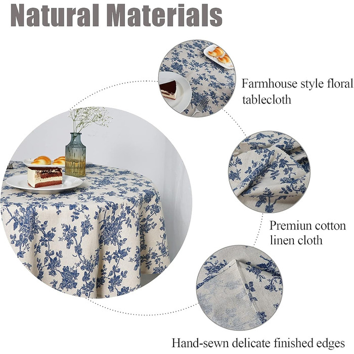 Блакитна квіткова пасторальна миється кругла скатертина Бавовняна білизна Вінтажна кругла скатертина 140 см Скатертина на відкрито