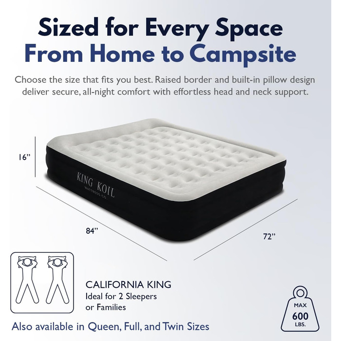 Надувний матрац King Koil Luxury California King із вбудованим запатентованим високошвидкісним насосом для дому, кемпінгу та використання гостями, надувний матрац подвійної висоти, водонепроникний, 1 рік California King Black