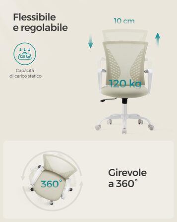 Офісний стілець SONGMICS, стілець для роботи з сітчастою оббивкою, комп&39ютерний стілець з регульованою висотою, обертовий стілець, функція гойдання, повітропроникний, офісний, кабінетний, вантажопідйомність до 120 кг, колір капучино бежевий OBN022K01 ко