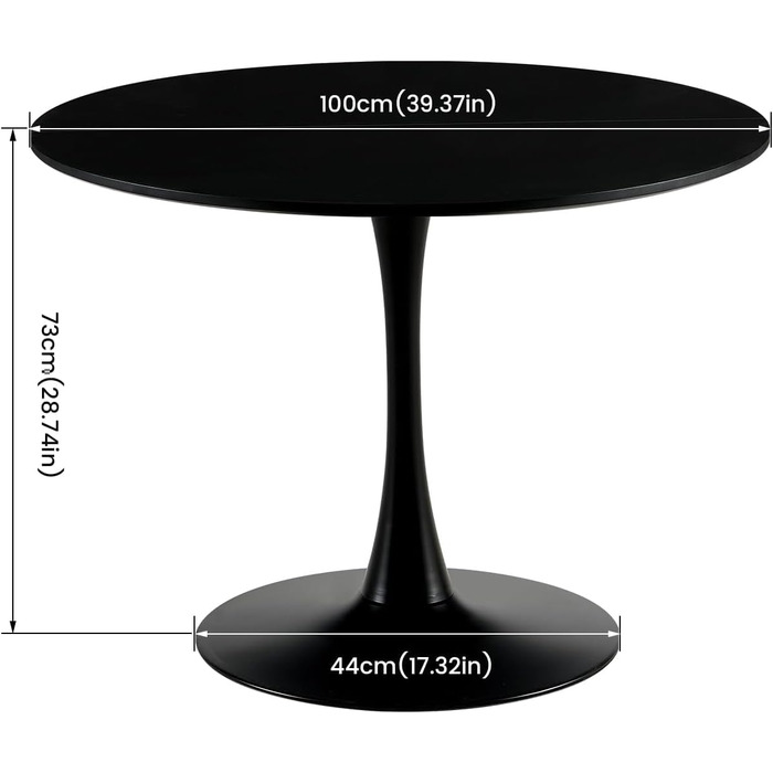 Скандинавський сучасний круглий обідній стіл, письмовий стіл, барний стіл, підходить для кухні, їдальні, вітальні та офісу, для 2-4 осіб, діаметр 100 см, чорний 100 x 100 см (круглий) чорний