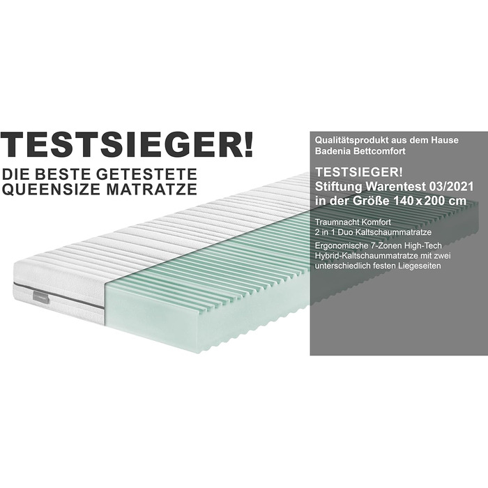 Матрац Traumnacht Comfort 7-Zone 2-в-1 Duo Cold Foam, переможець тесту Stiftung Warentest 03/2021, сертифікований ko-Tex, 140 x 200 см, розроблений у Німеччині