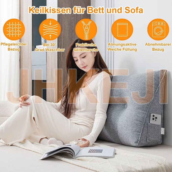 Універсальна затишна подушка для спини, подушка для читання для ліжка та дивана, 80x50x20 см біла клиноподібна подушка, трикутна поперекова подушка зі знімним чохлом, який можна прати, практична бічна кишеня біла 80x50x20 см