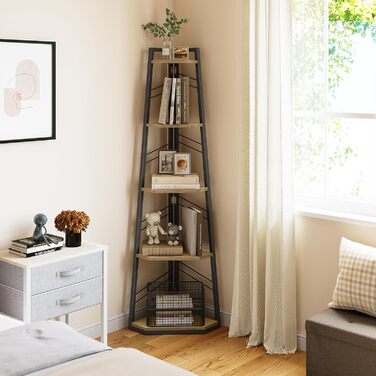 Рівнева кутова книжкова полиця - промислова окремостояча книжкова полиця з драбиною, сучасна відкрита дерев&39яна полиця для вітальні, коридору, домашнього офісу, дуб, 5-