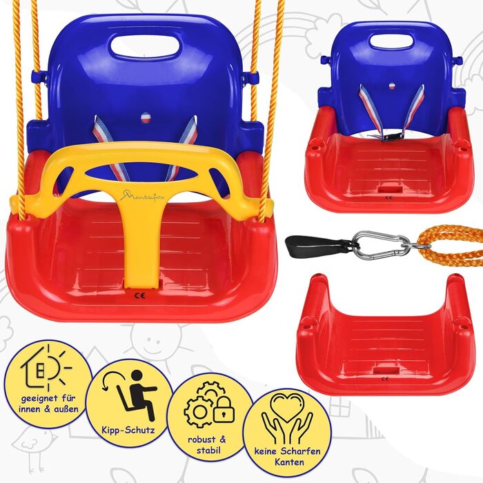 Дитячі гойдалки Montafox дитячі гойдалки 3 в 1 регульовані зростаючі дитячі гойдалки зі спинкою на ременях, колір різнокольорові р