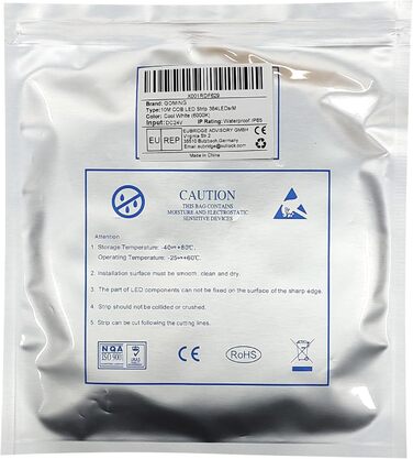 Світлодіодна стрічка GOMING 24 В COB 3000K 5M водонепроникна світлодіодна стрічка IP65 480 світлодіодів / м Без світлових плям CRI 93 Світлодіодна стрічка високої яскравості 4300 лм для прикраси домашньої кухні (тільки стрічка) (холодний білий, 10 метрів)
