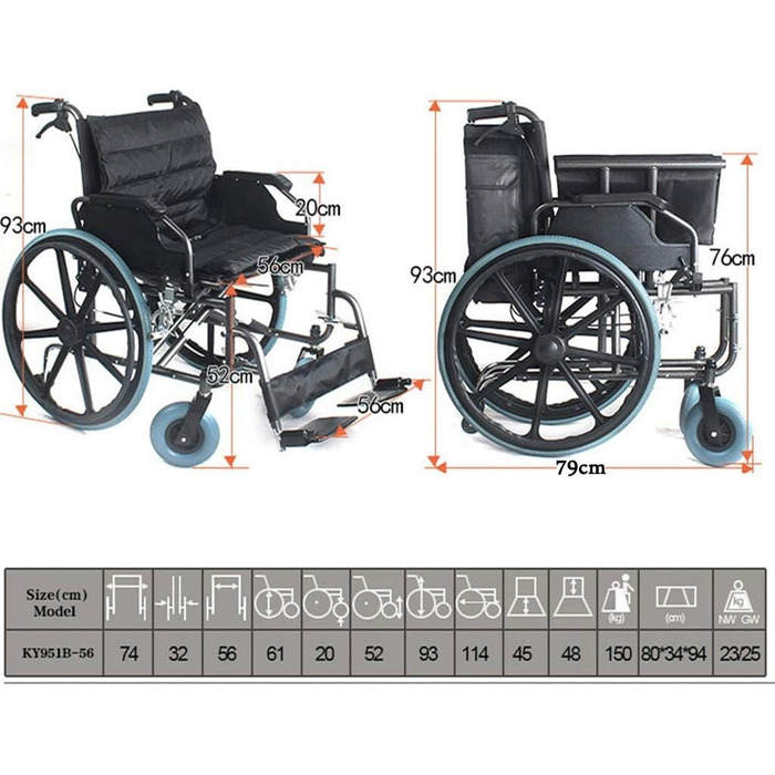 Інвалідний візок, великий, самохідний, товсте/розширене/збільшене ручне гальмо з вуглецевої сталі з стоянковим гальмом, задні колеса 12, відкидний підлокітник, пристрій проти поперечної стійкості, портативний