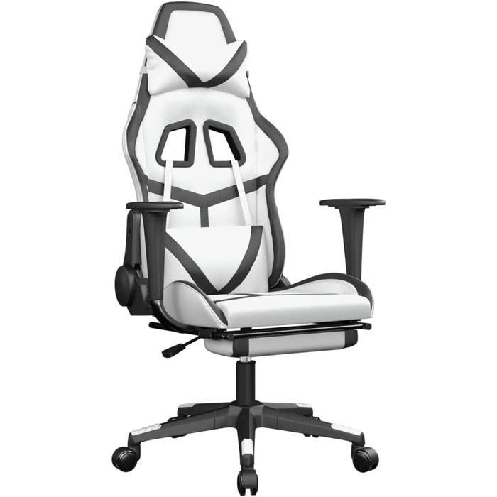 Геймерське крісло з підставкою для ніг, біла та чорна штучна шкіра