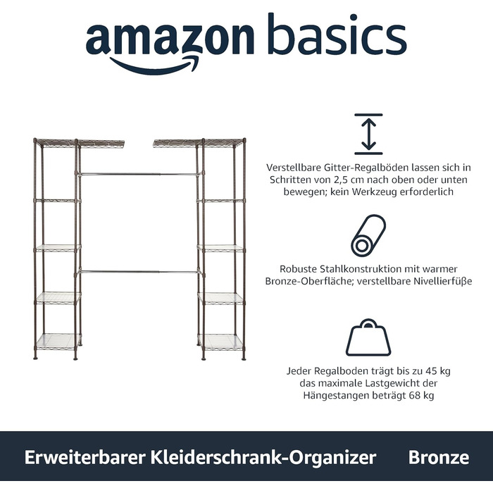 Розсувна відкрита шафа Storeo Basics з 10 полицями з регульованою висотою - максимальна вага 521 кг, від 35,6 на 147 до 160 на 182,9 см, бронза