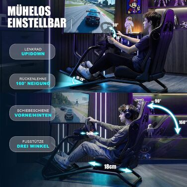 Кабіна симулятора GTPLAYER, підставка для керма для гоночного симулятора з 3D-стереодинаміками, кріпленням для монітора, регульованим кріпленням для керма, кріпленням для перемикання передач та педалями (чорна)