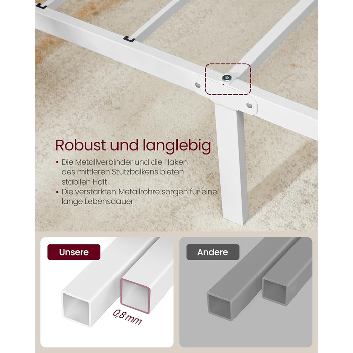 Ліжко VASAGLE 140 x 200 см, Гостьове ліжко, Двоспальне ліжко з металу, Каркас ліжка, Каркас ліжка, Металеве ліжко, Легке складання, Матовий білий RMB064WG01 140 x 200 см Матовий білий