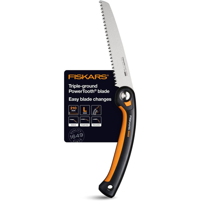 Складна пила Fiskars Plus, для товстих колод і гілок, 3 положення різання, гостре лезо з електроприводом, груба зубчастість, довжина леза 21 см, чорний/помаранчевий, пила SW69, 1067553 (полотно 20 см)