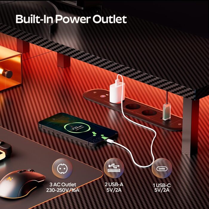 Ігровий стіл зі світлодіодним освітленням, комп&39ютерний стіл 120 x 60 см з розетками та USB-портом для зарядки, ігровий стіл з підставкою для монітора, карбоновим покриттям, підсклянником та гачком для навушників, чорний 120 x 60 см