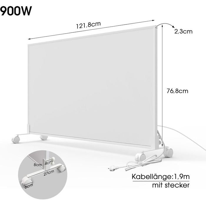 Інфрачервоний окремостоячий обігрівач - 900 Вт - Керування за допомогою застосунку, пульт дистанційного керування та термостат - Електричний обігрівач на ніжках та настінному кріпленні - Окремостоячий обігрівач на колесах - Захист від перегріву - Енергозб