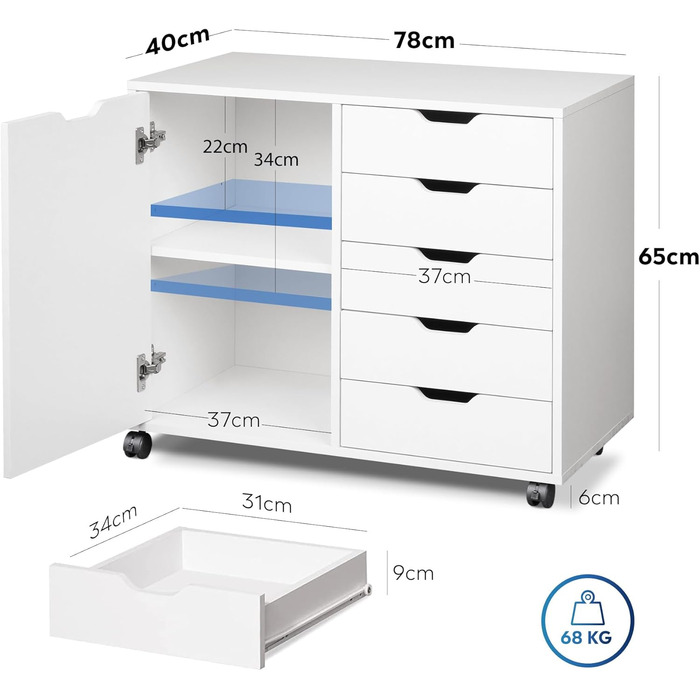 Контейнер на колесах DEVAISE з 5 шухлядами та відділенням для шафи, мобільна шафа для документів на колесах, настільна шафа з місцем для зберігання для офісу та домашнього офісу, білий, 5 шухляд та відділення для шафи, білий
