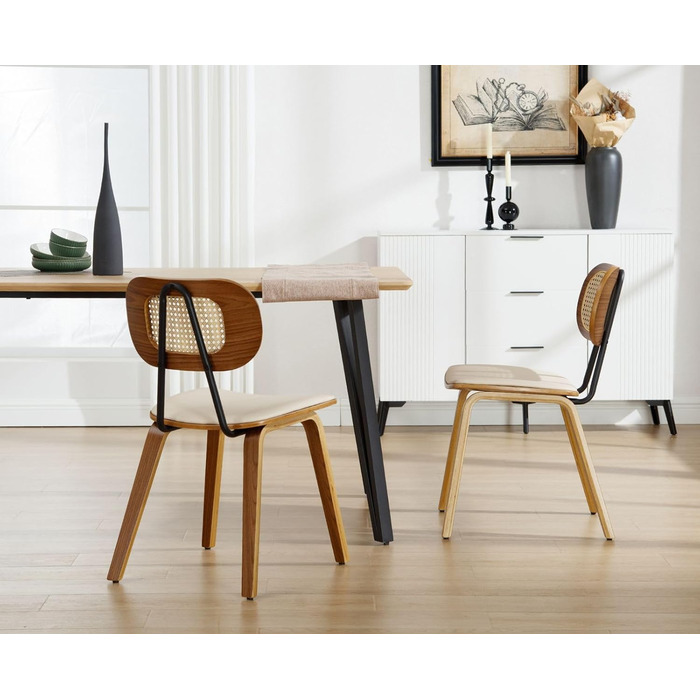 Обідні стільці з ротанга, комплект з 2 шт. , кухонний стілець з дерев&39яними ніжками, стілець з ротанга, сидіння зі штучної шкіри, м&39який стілець для їдальні, бежевий