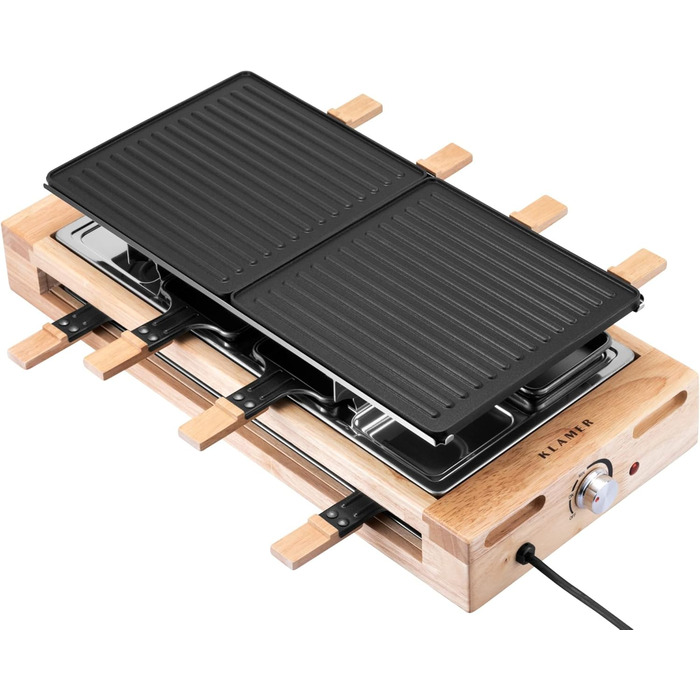 Персон, раклетний гриль 1500 Вт з дерев'яним каркасом, раклет з антипригарною пластиною для гриля, настільний гриль електричний, 8