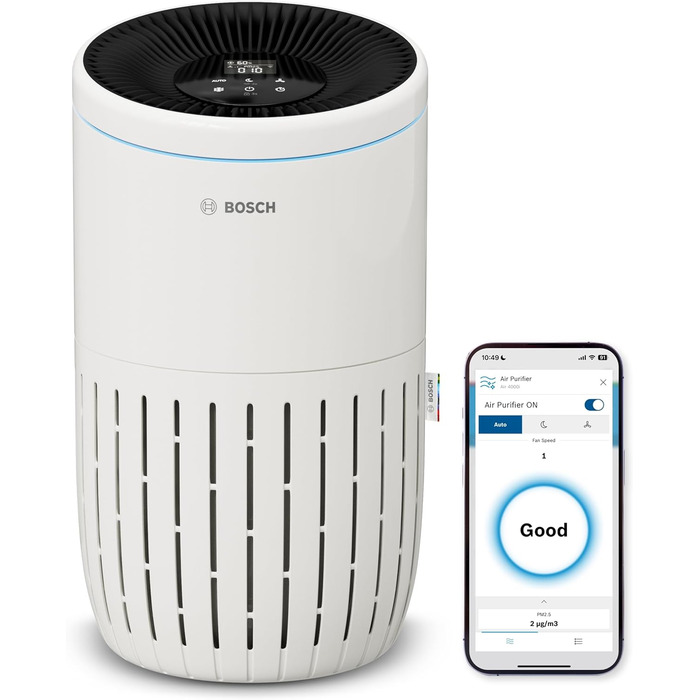 Керований за допомогою програми очищувач повітря Bosch Air 4000i - Для приміщень до 62,5 м - Видаляє 99,9 забруднюючих речовин - Включає повітряний фільтр HEPA13, розумний датчик, автоматичний режим, режим сну (25 дБ) - CADR 300 м/год.