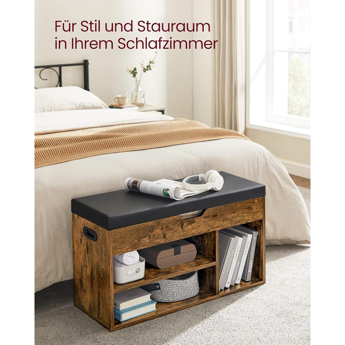 Лавка для взуття VASAGLE із сидінням, лавка для зберігання речей, м&39яка, 3 відкриті відділення, відділення під подушкою сидіння, взуттєва полиця для вітальні, коридору, вантажопідйомність до 136 кг, вінтажно-коричневий колір LHS30BX 80B см вінтажно-кори