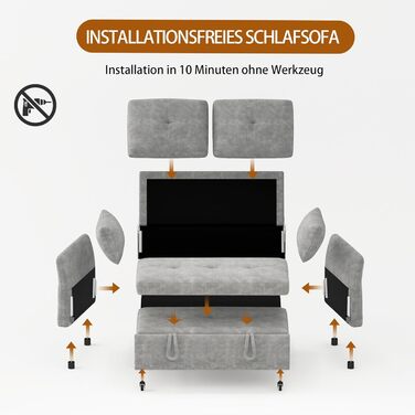 Диван-ліжко 3-в-1 з 5-позиційною регульованою спинкою, розкладний диван з 2 подушками та 2 боковими кишенями, сірий лляний 2-місний диван для гостьових кімнат та невеликих приміщень 167 x 137 см сірого кольору