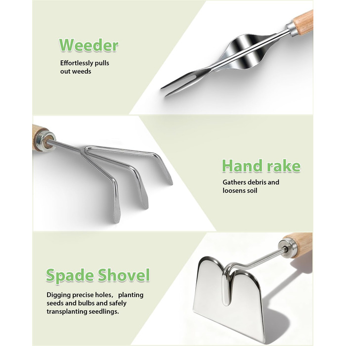 Набір садових інструментів MOSFiATA Gartenwerkzeug 12 предметів, міцна нержавіюча сталь, дерев'яні ручки з антиковзким покриттям та водонепроникна сумка для транспортування