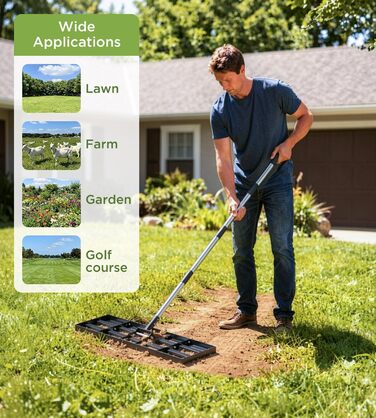 Вирівнювач для газону 75x25 см з регульованою ручкою, граблі-рівняльник з нержавіючою сталевою ручкою 180 см, міцний та енергозберігаючий вирівнювач для саду, подвір'я, гольф-поля, легке вирівнювання піску та ґрунту 75 x 25 см