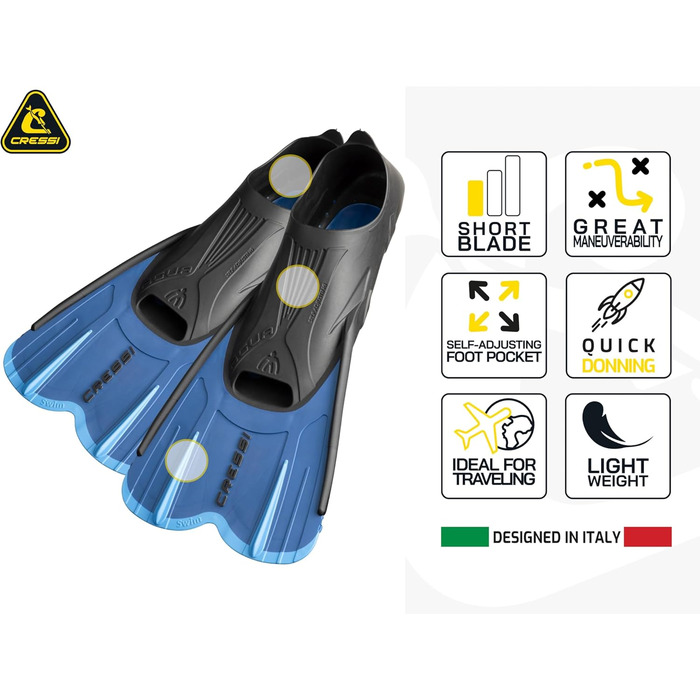 Ласти CRESSI Agua Short Fins - саморегульовані для сноркелінгу, плавання та тренувань 39/40 синього кольору