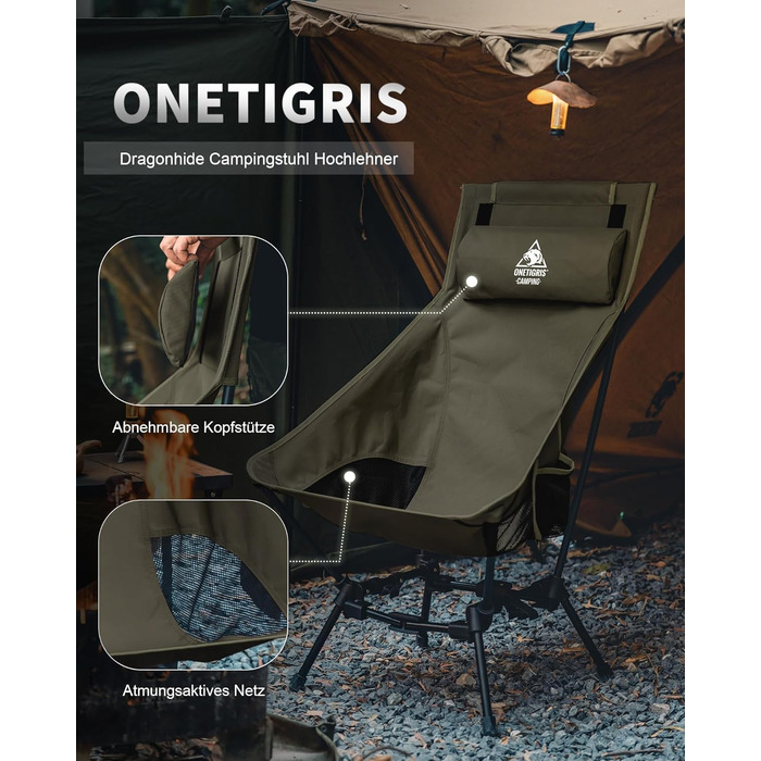 Крісло для кемпінгу OneTigris DRAGONHIDE, висока спинка, складне, вантажопідйомність 125 кг, легке складне кемпінгове крісло, складне рибальське крісло з 2 боковими кишенями, надлегке складне крісло для використання на свіжому повітрі, походи, колір Range