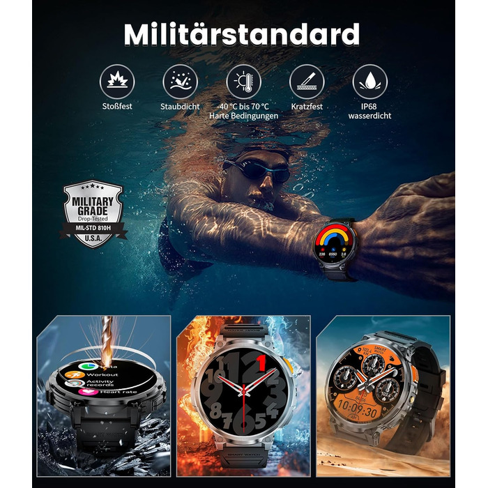 Розумний годинник DREMAC для чоловіків - 1,85-дюймовий HD-дисплей з великим екраном/батарея 730 мАг, чоловічий спортивний годинник з ліхтариком/120 спортивних режимів, водонепроникний фітнес-годинник IP68 з цілодобовим відстеженням серцевого ритму, моніто