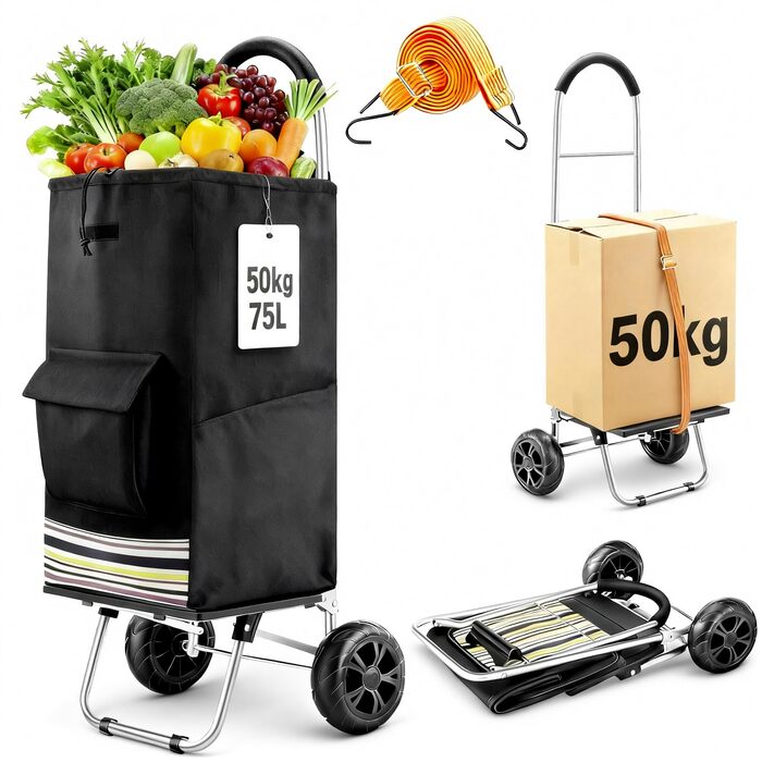 Складний візок для покупок, 75 л, 2-в-1, з 2 колесами, з рамою з нержавіючої сталі та знімною водонепроникною сумкою з брезенту (чорний)