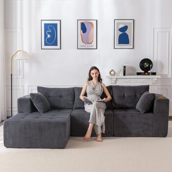 Кутовий диван MAXYOYO з вельвету з підсклянником, модульний диван, що трансформується в L-подібний та двоспальний диван, 3-місний диван без кісток для вітальні, не потребує складання, сірий, L-подібний