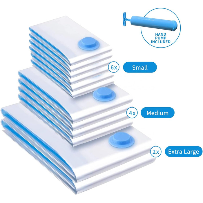 Вакуумні пакети для одягу Ersozrin 12 шт. з герметичним клапаном і ручним насосом вакуумні (6x50x70см/4x60x80см/2x80x100см) Вакуумні пакети для одягу економлять місце