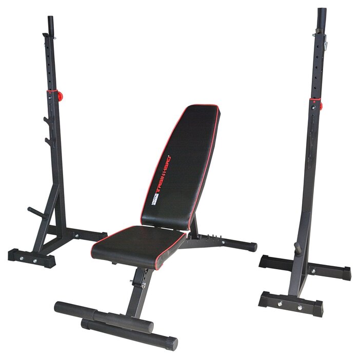 Регульована силова лава TrainHard преміум-класу зі стійкою для штанги, підставкою для штанги, включає штангу, гантелі та комплект обважнювачів (60 кг - 100 кг)