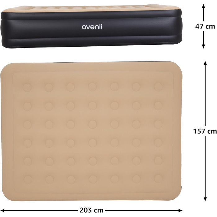 Самонадувальний надувний матрац/ліжко AVENLI для 2 осіб, 203x157x47 см, надувне гостьове ліжко з вбудованим насосом, надзвичайно висока спальна поверхня, флокована поверхня для кемпінгу та дому