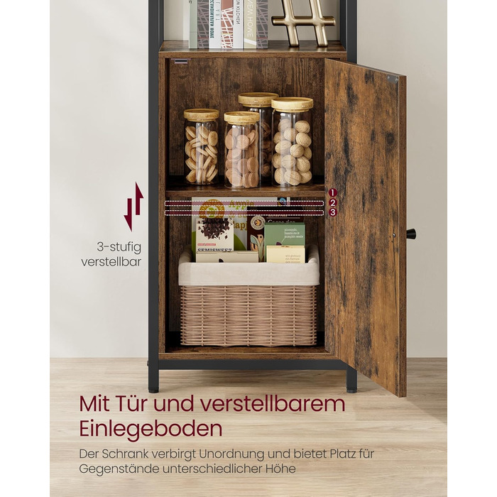 Книжкова полиця VASAGLE, 6 ярусів, полиця, окремостояча полиця з дверцятами, металевий каркас, регульовані полиці, 24 x 40 x 159,5 см, для вітальні, спальні, вінтажний коричневий-чорний LLS132K01 40B см Вінтажний коричневий чорнильний