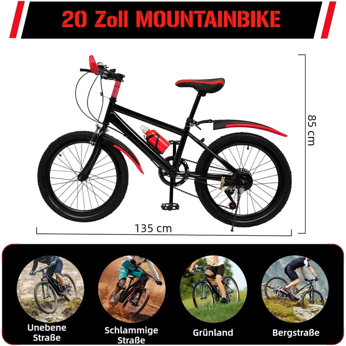 Дюймовий дитячий гірський велосипед для хлопчиків та дівчаток, 7-швидкісний гірський велосипед з бризковиками, пляшкою для води, дзвінком-компасом, вантажопідйомність 85 кг, вік 8-13 років, червоний, 20-