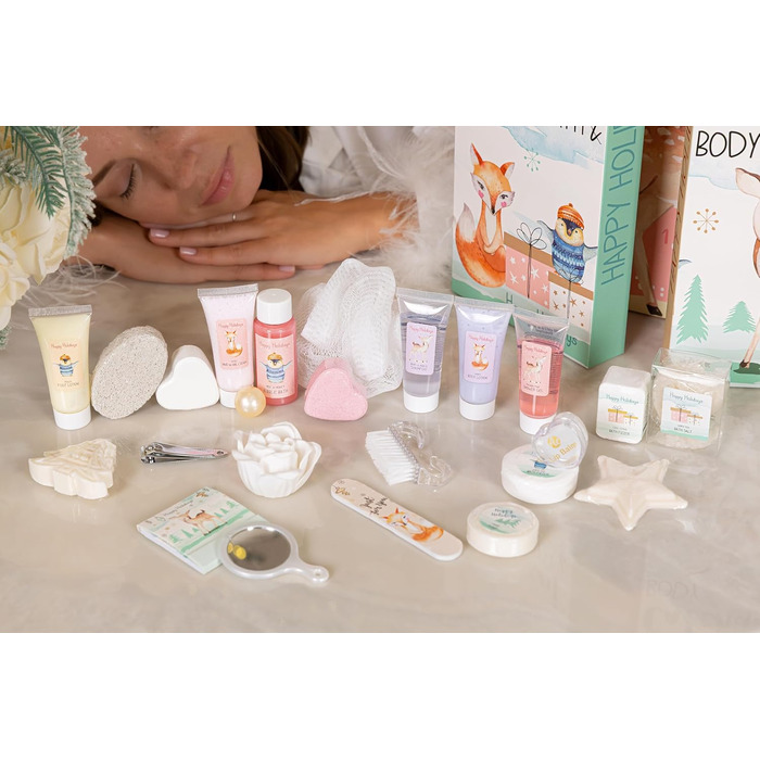 Адвент-календар краси на 2025 рік для дівчаток з 24 косметичними продуктами Адвент-календар краси з лосьйоном для тіла, бомбочками для ванни, гелем для душу, шампунем, бальзамом для губ, кремом для рук та багатьма іншими Різдвяний календар для підлітків О