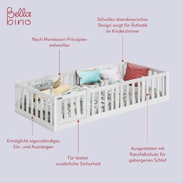 Ліжко Bellabino Tapi 90x200 см, дитяче ліжко з поручнями та дверцятами, включаючи рейкову основу, підлогове ліжко Монтессорі для хлопчиків та дівчаток з масиву сосни, біле лаковане, Ліжко 90 x 200 см Біле - з дверцятами