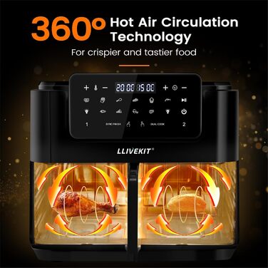 Двозонна фритюрниця LLIVEKIT 12 л, фритюрниця з роздільником може бути розділена, підходить для приготування їжі в подвійній зоні 5.5 літрів, оглядового вікна, внутрішнього освітлення, 10 програм, 9 аксесуарів, чорний 12 л чорний Inox знімний